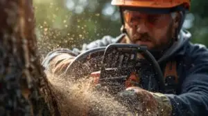 close up of arborist cutting tree with chainsaw, sawdust flying, protective gear, intense focus, shallow depth of field, realistic photography
