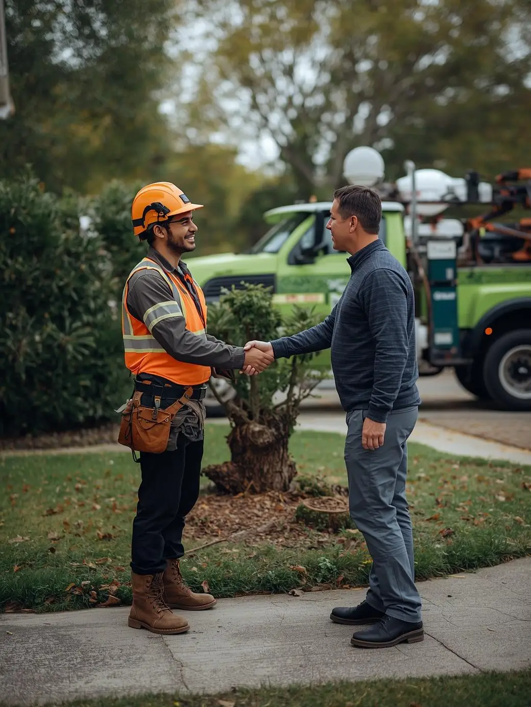 tree removal worker talking with homeowner after job completion, handshake, green truck in background, friendly and professional interaction, realistic residential setting, candid, natural lighting (1)