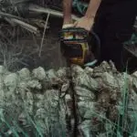 Closeup of a man using a chainsaw to cut a tree trunk in an outdoor setting.